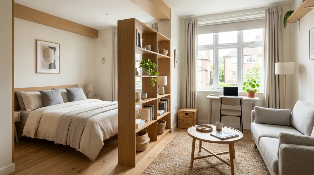 Small studio bedroom with sleeping and living area, shelf divider, and neutral tones.