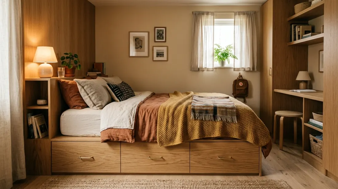 Compact bedroom with platform bed, built-in drawers, textile layers, and lamp light.