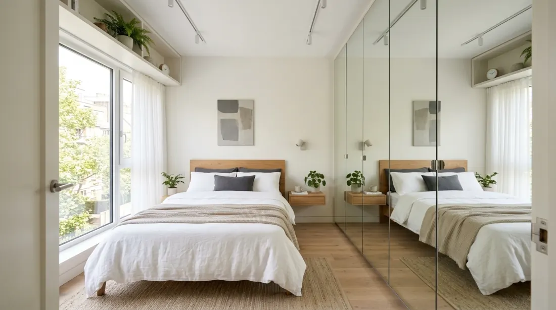 Tiny bedroom with mirrored wardrobe doors, neutral colors, clean lines, and bright light.