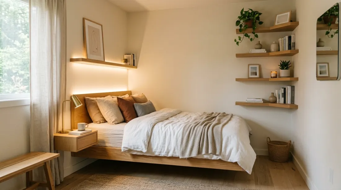 Small bedroom with corner shelving, floating bed frame, soft lights, and minimal setup.