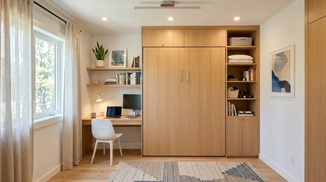 Functional small bedroom with fold-down wall bed, storage cabinets, workspace, and bright light.