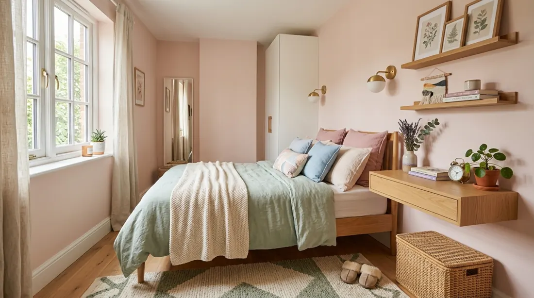 Cozy small bedroom with pastel tones, wall-mounted lighting, space-saving furniture, and daylight.