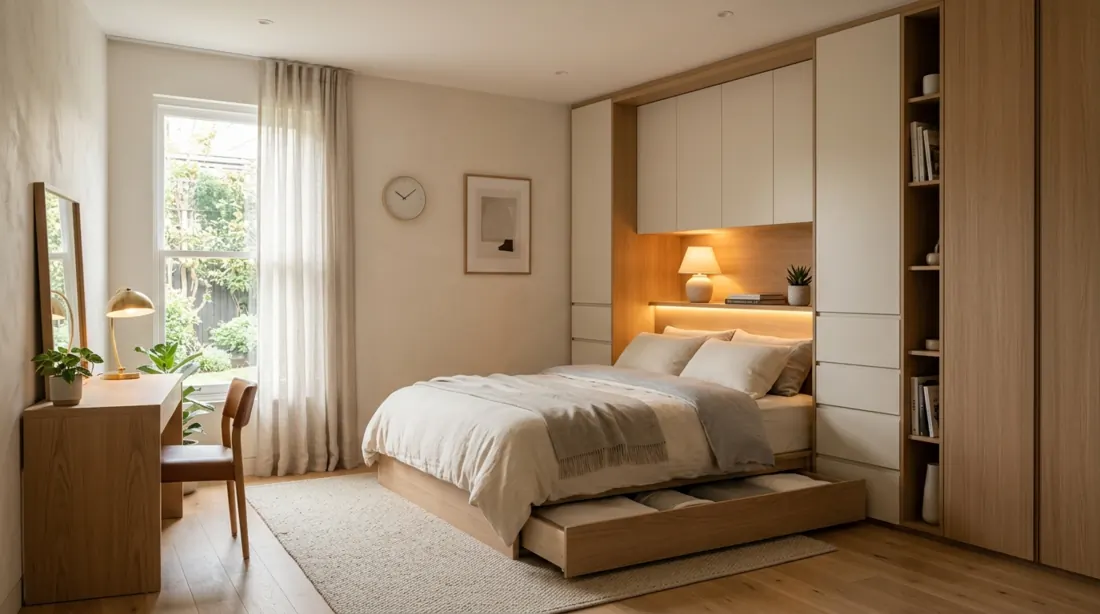 Compact elegant bedroom with hidden storage, minimalist design, warm lighting, and efficient layout.