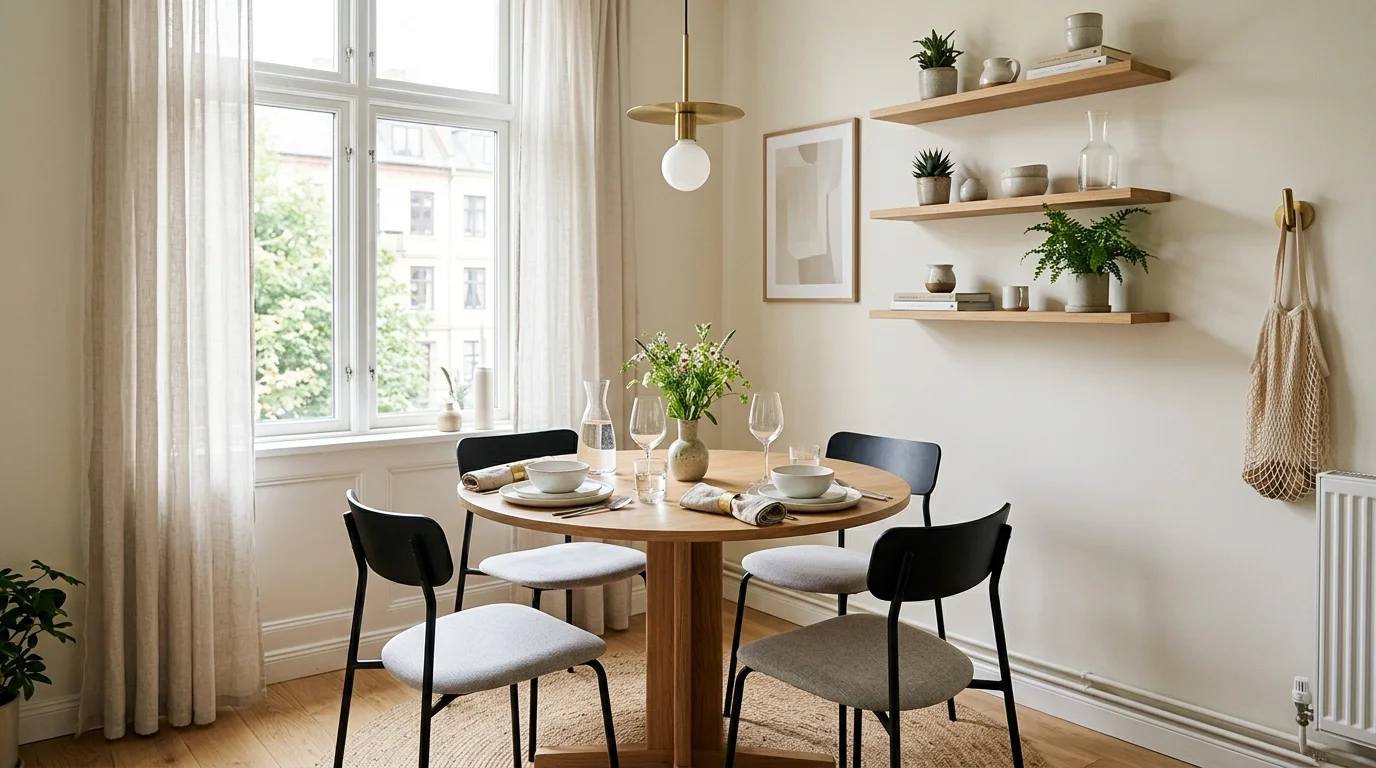 Small dining room with round table, banquette seating, bright window, and compact stylish decor.