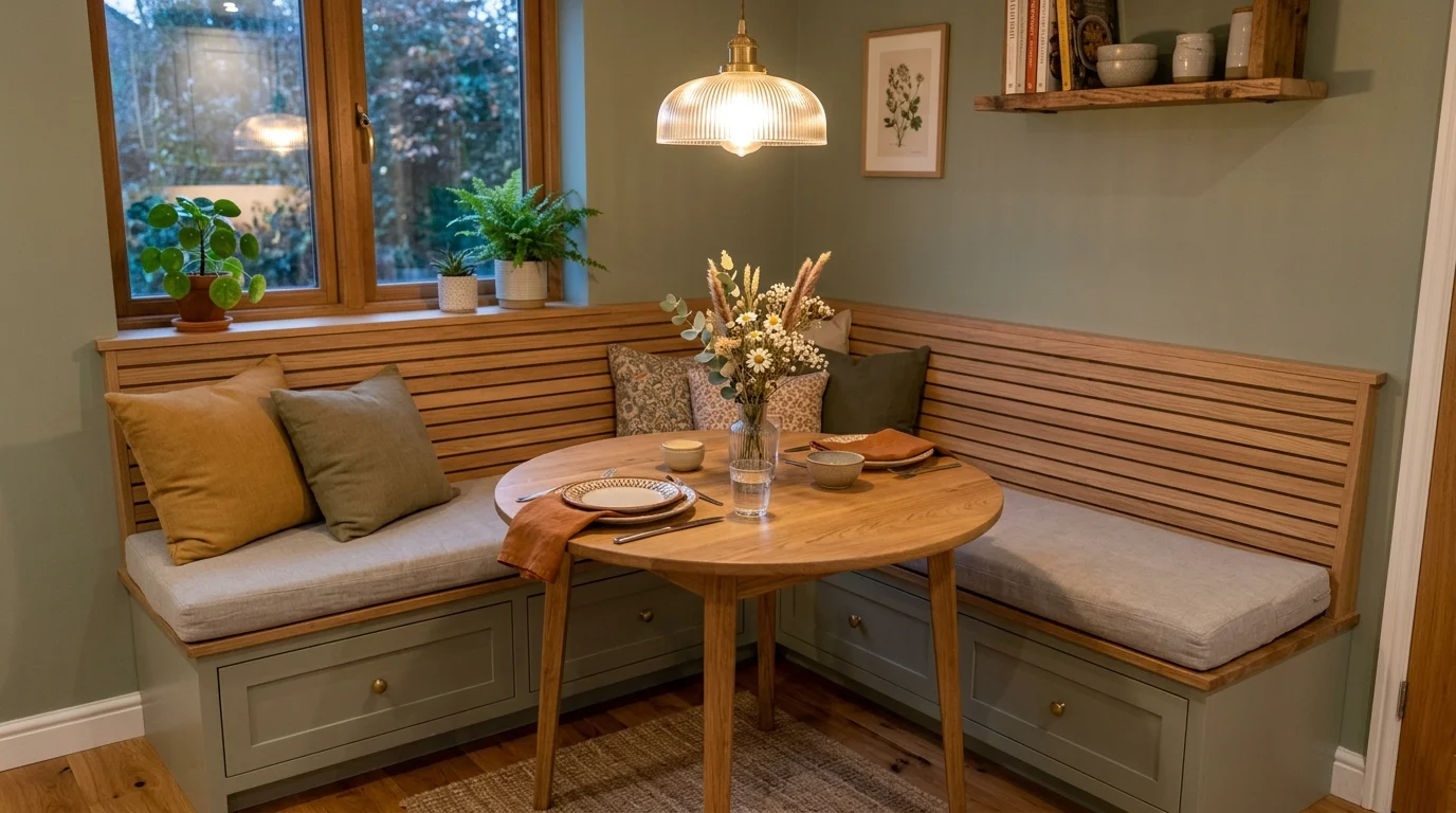 Compact dining nook with built-in banquette, pedestal table, and soft layered cushions.