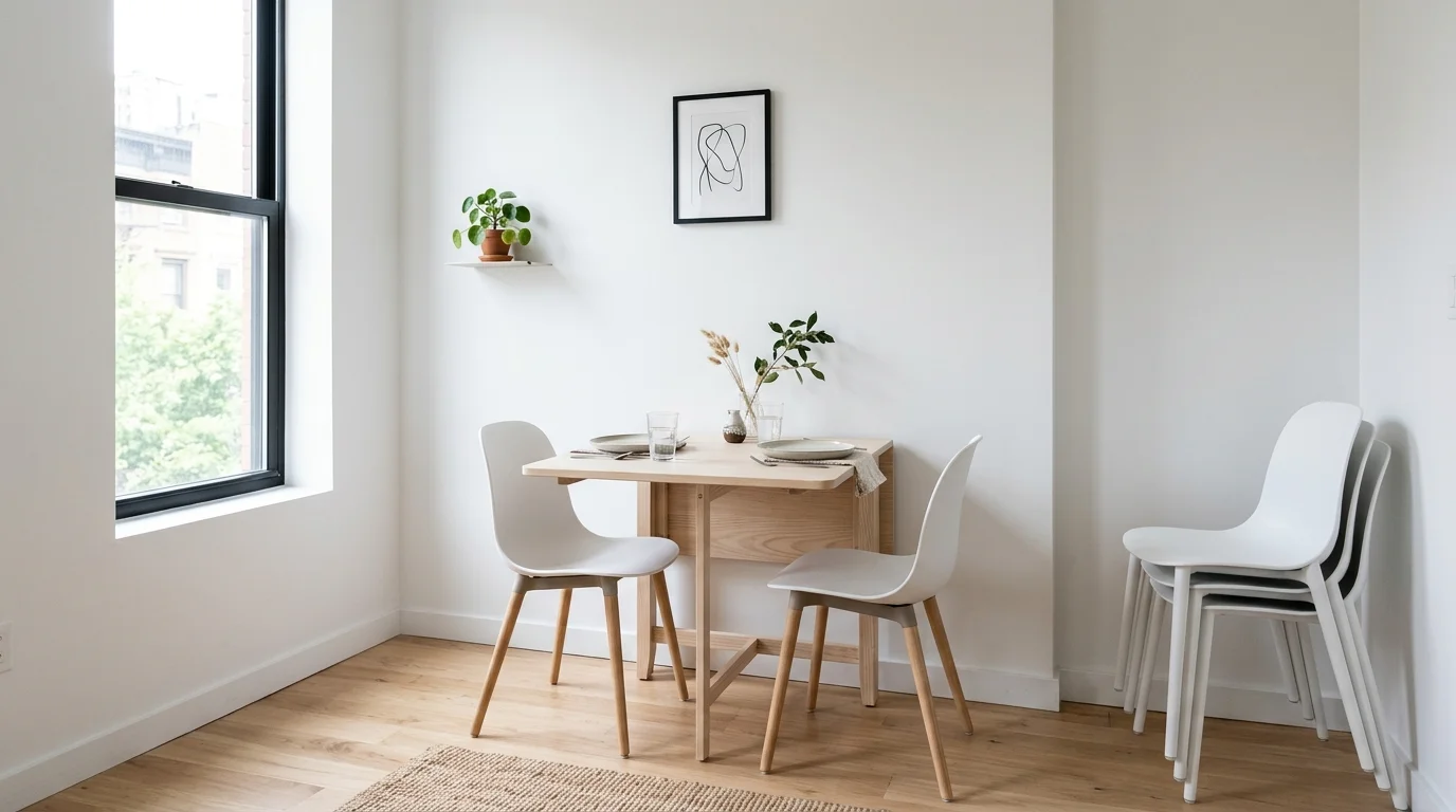 Small dining area with wall mirror reflecting light, compact table, and simple elegant styling.