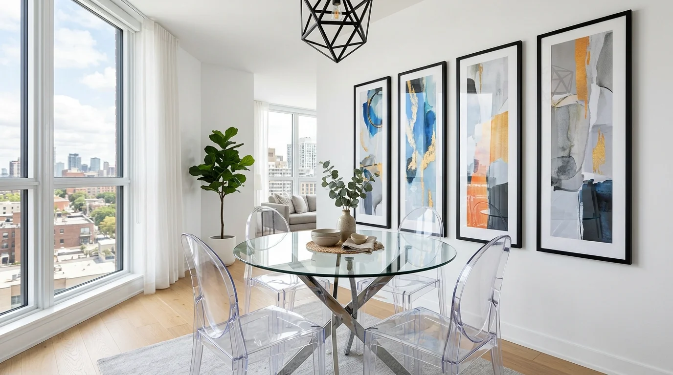 Tight dining room with narrow sideboard, vertical art, and a cozy two-chair setup.