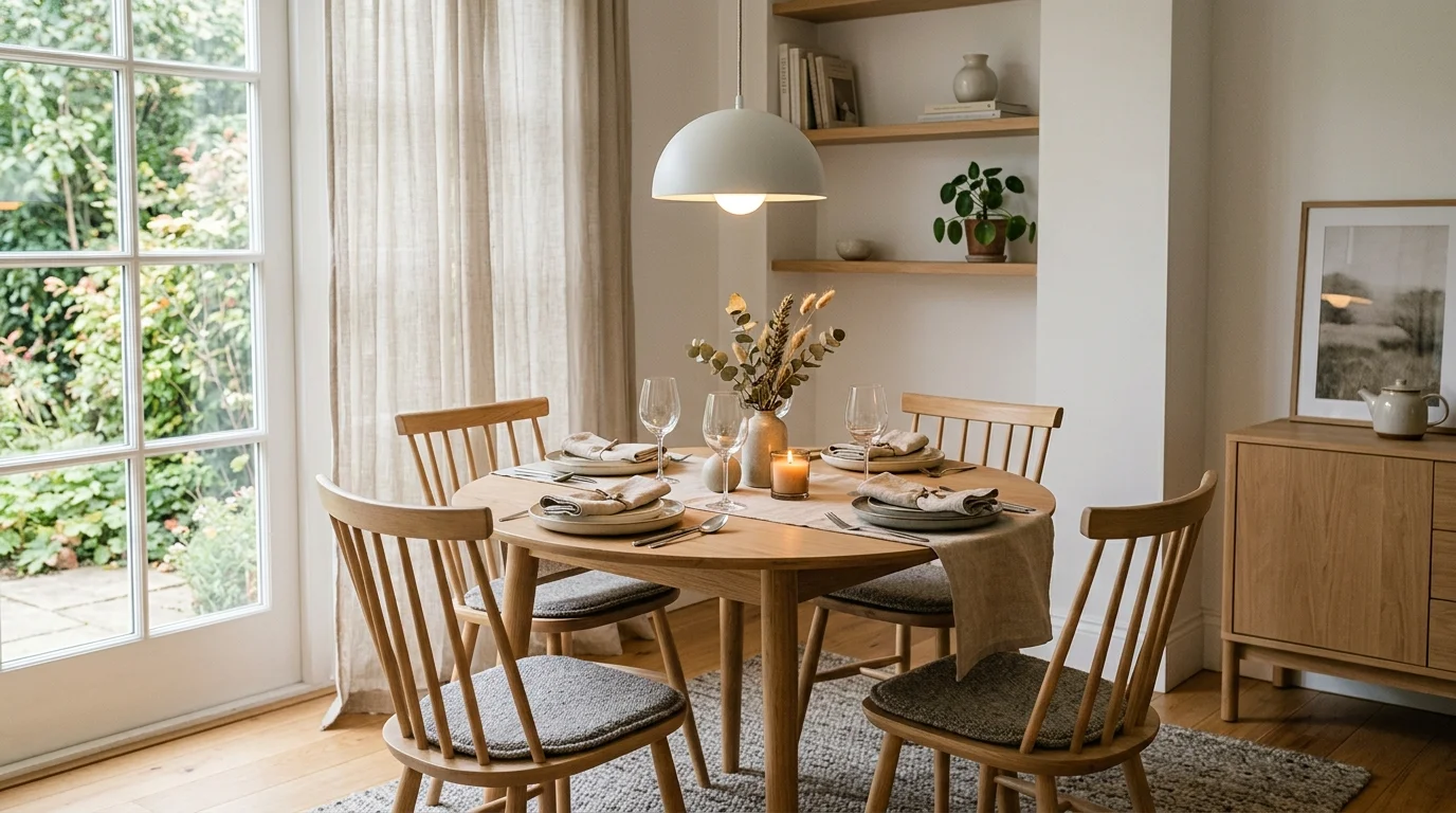 Small dining room in pale neutral tones with airy curtains and understated table styling.