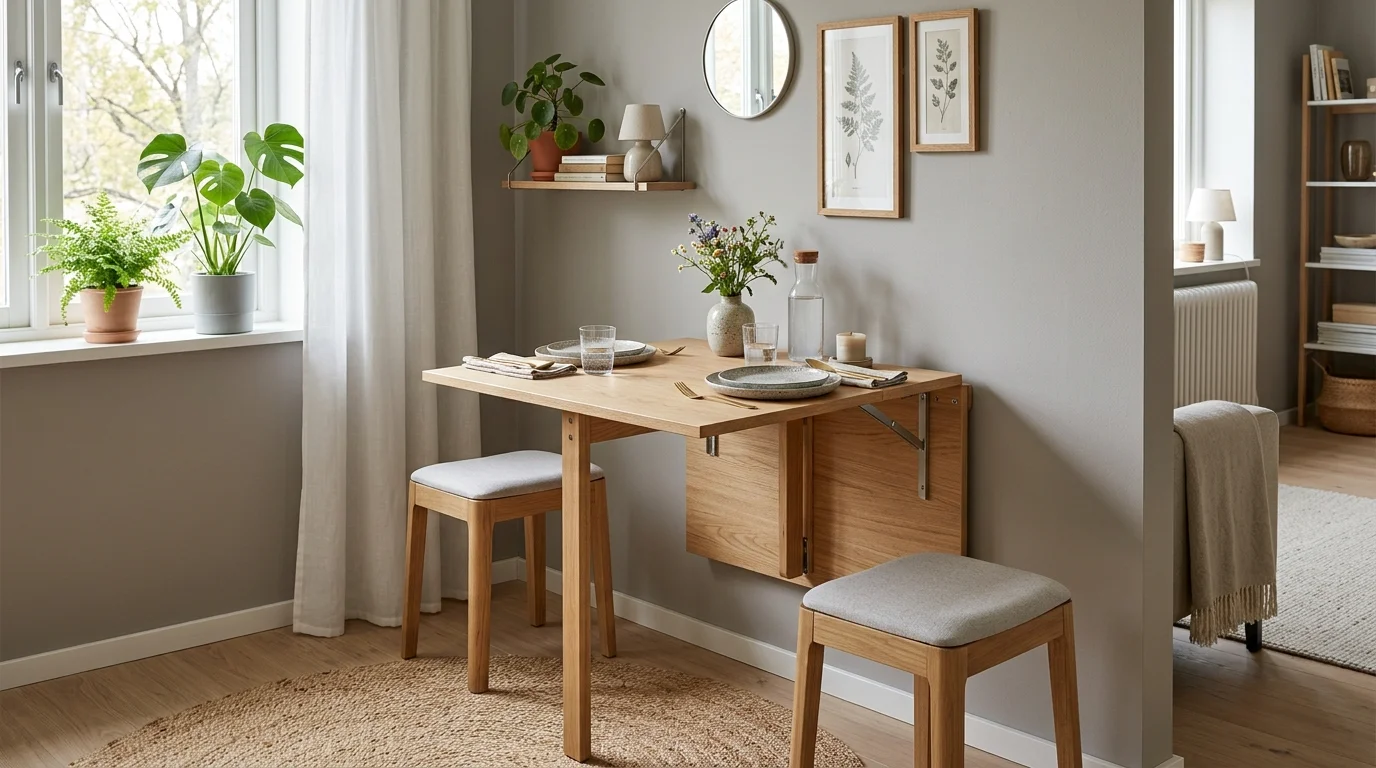 Small dining room with drop-leaf table, simple wood chairs, and efficient everyday layout.