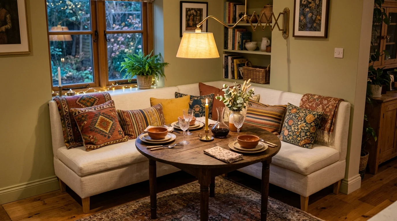 Dining space with wall sconces, compact table, and a polished layered glow in a small room.