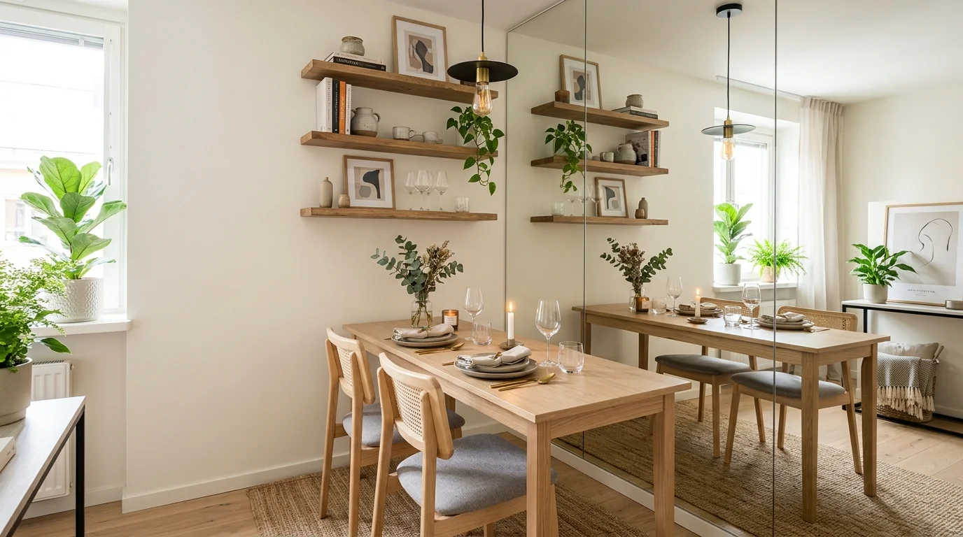 Compact dining setup with bench seating on one side and chairs on the other for flexibility.