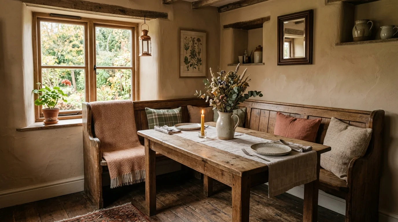 Small dining corner with gallery wall, wood table, and warm layered decor.