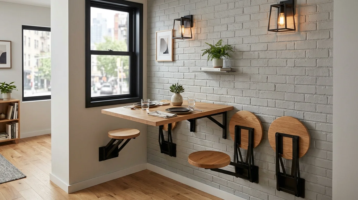 Small dining room with statement pendant, round table, and warm intimate evening lighting.