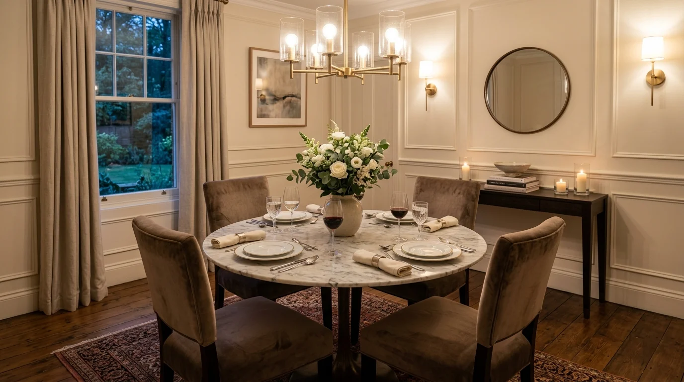 Small dining nook tucked into a corner with compact table, cushions, and soft daylight.