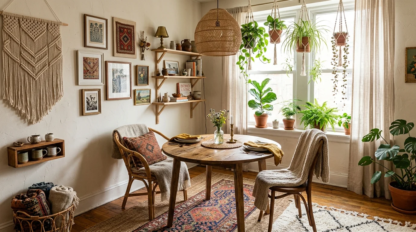 Small dining room with open shelves displaying dishes, glassware, and simple decor.