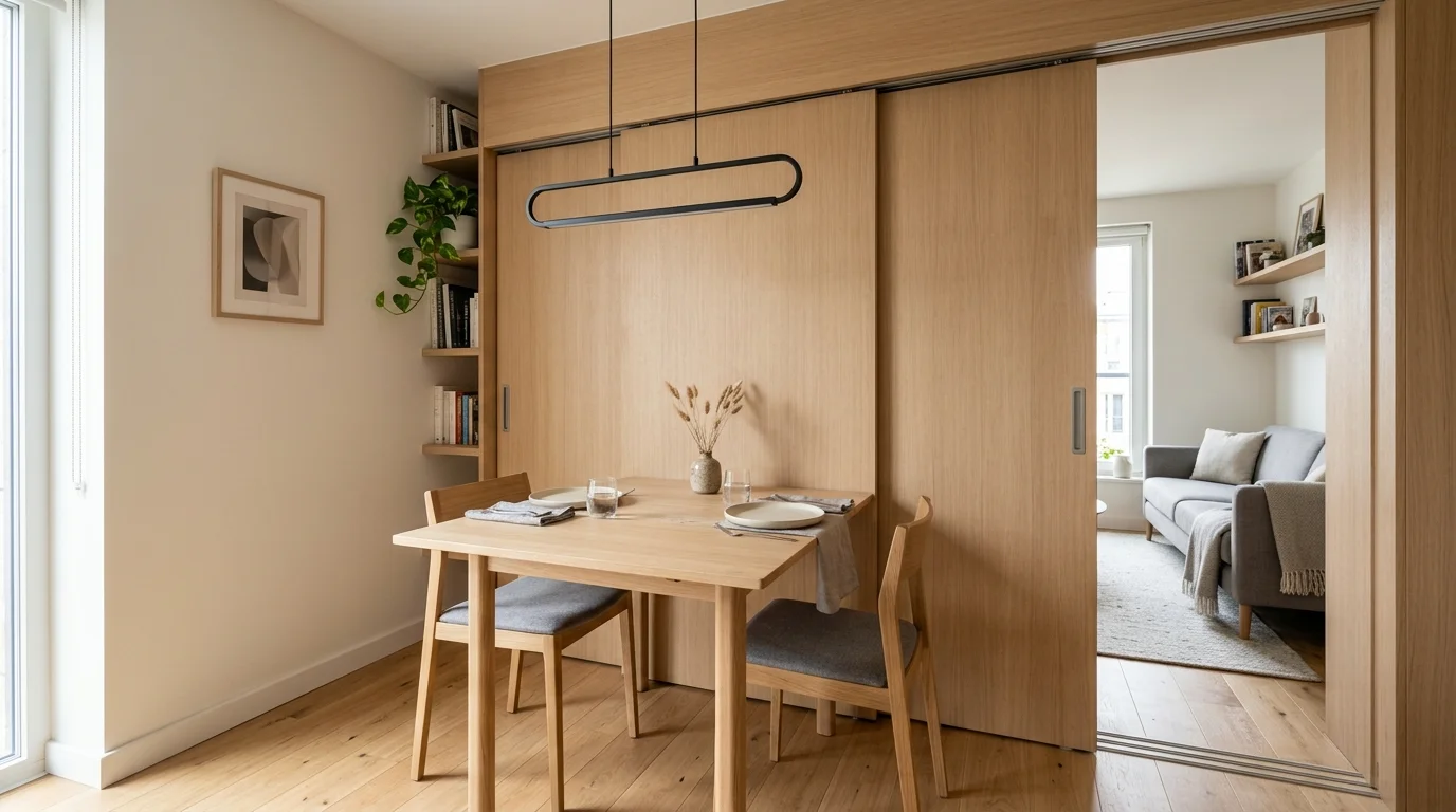 Compact dining room with moody wall color, wood table, and intimate candlelit mood.