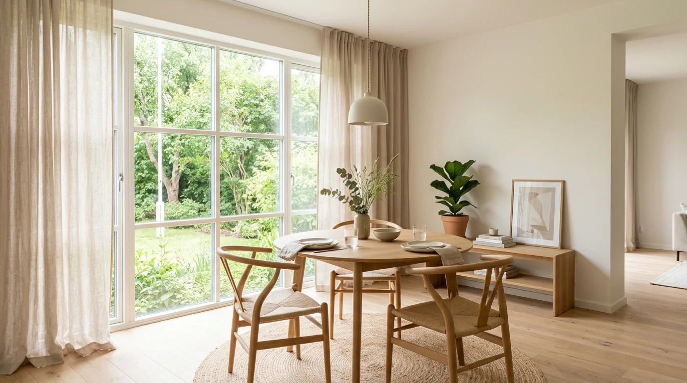 Scandinavian small dining room with pale wood furniture, white walls, and uncluttered styling.