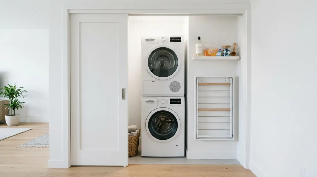 Compact laundry closet with stacked washer dryer, pocket doors, foldable drying rack, and bright white finish.