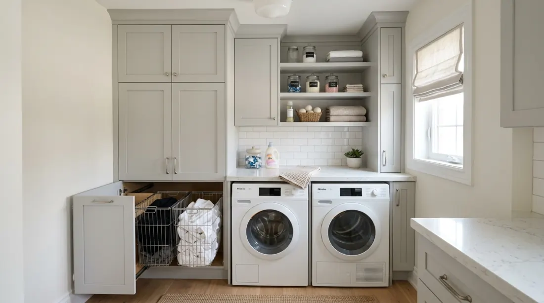 Small laundry nook with front-loading machines under quartz counter, ceiling-height cabinets, and pull-out hampers.
