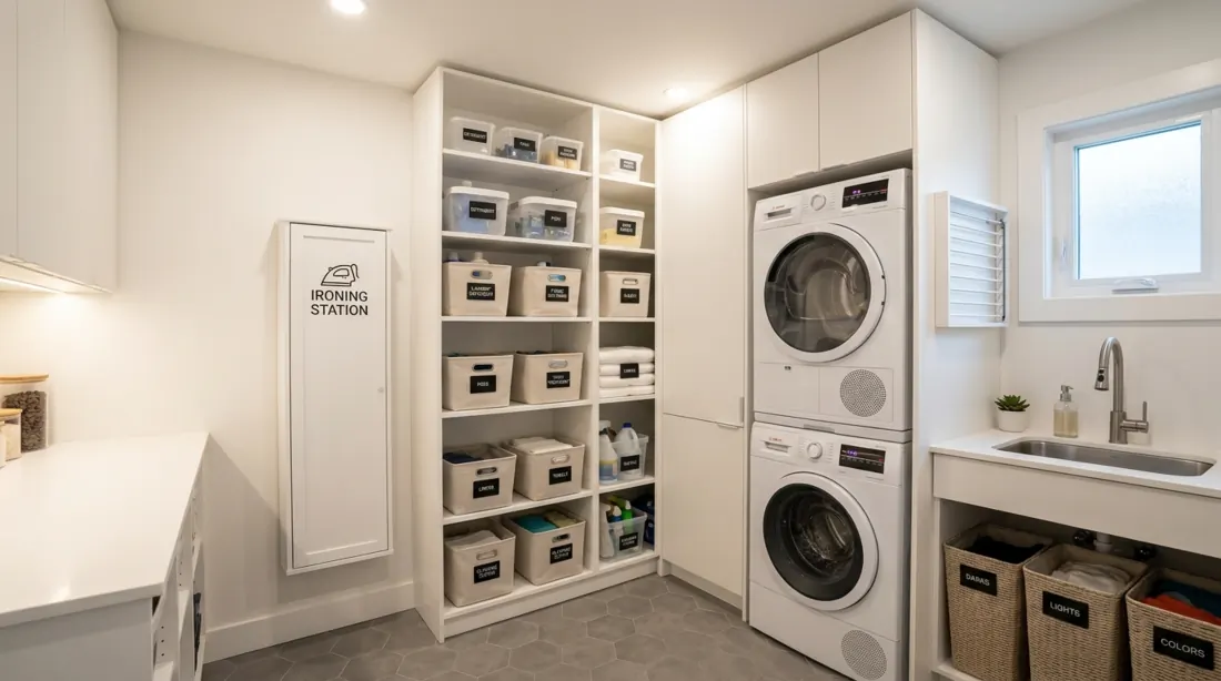 Space-saving laundry room with wall-mounted ironing board cabinet, stacked appliances, and vertical shelving.