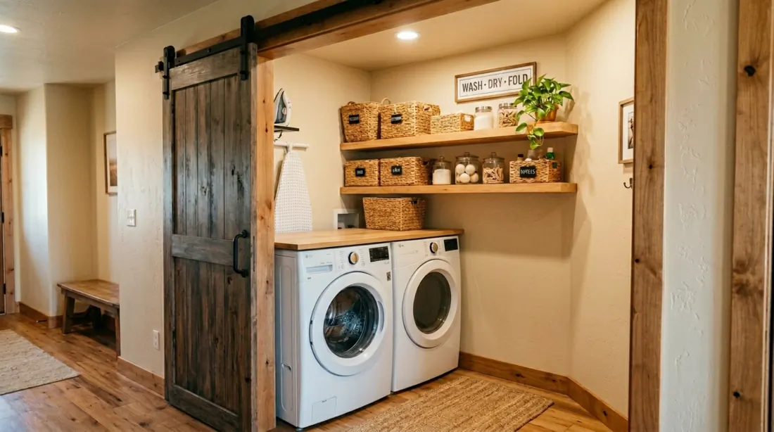 Tiny laundry corner with barn door, stacked machines, wall-mounted fold-down table, and wicker shelf storage.