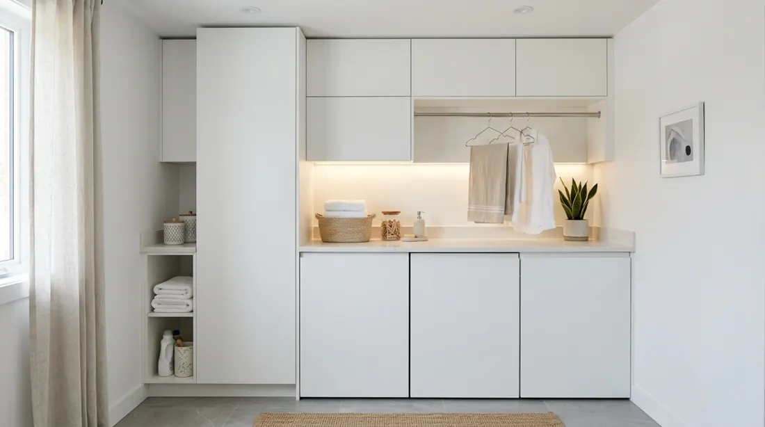 Compact modern laundry space with hidden appliances, handleless white cabinetry, LED strip lighting, and integrated drying rod.