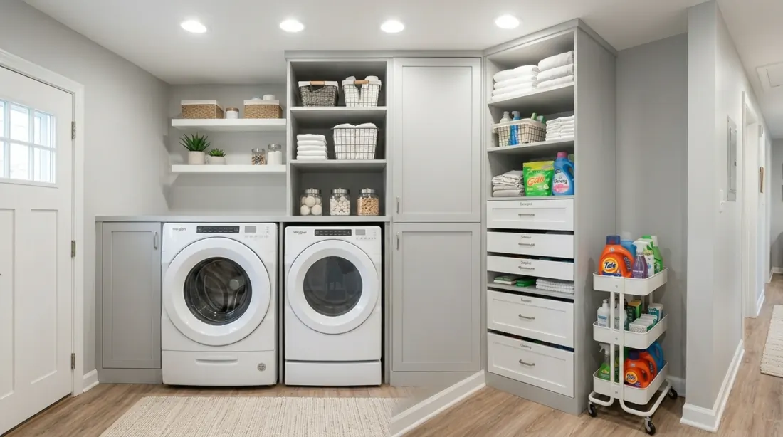 Small laundry room with storage tower, stacked machines, pull-out drawers, rolling cart, and gray palette.