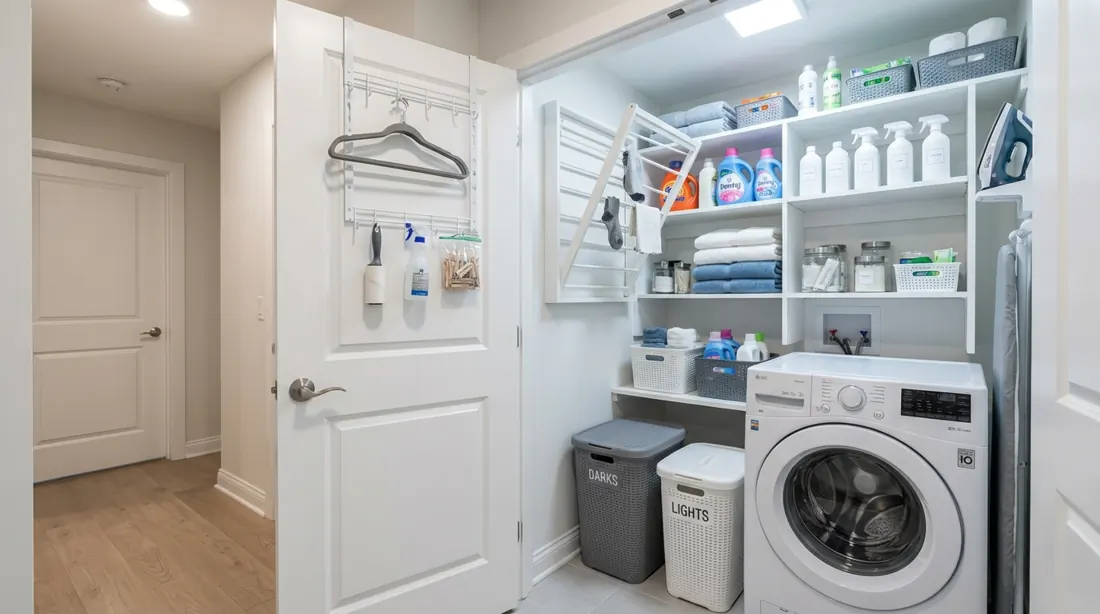 Efficient laundry closet with over-door shelves, stacked appliances, foldable drying rack, and compact hamper storage.