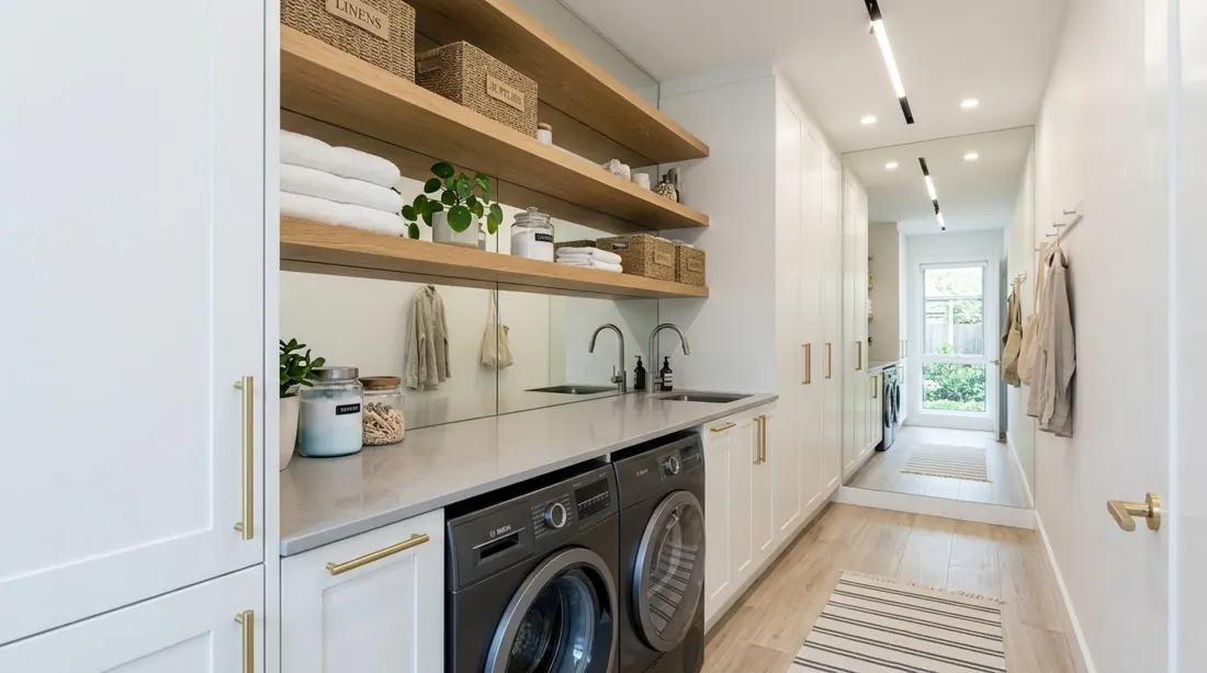 Narrow laundry corridor with built-in cabinetry, front-loading machines, floating shelves, mirrored backsplash, and modern lighting.