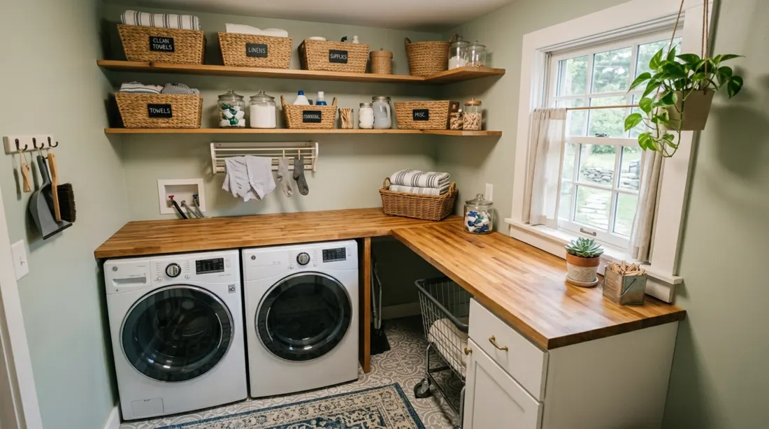 Small laundry room with corner appliances, L-shaped countertop, open shelving, woven baskets, and warm daylight.