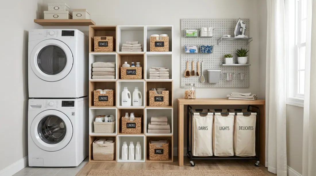 Compact laundry design with modular storage cubes, rolling cart, pegboard wall, and neutral palette.