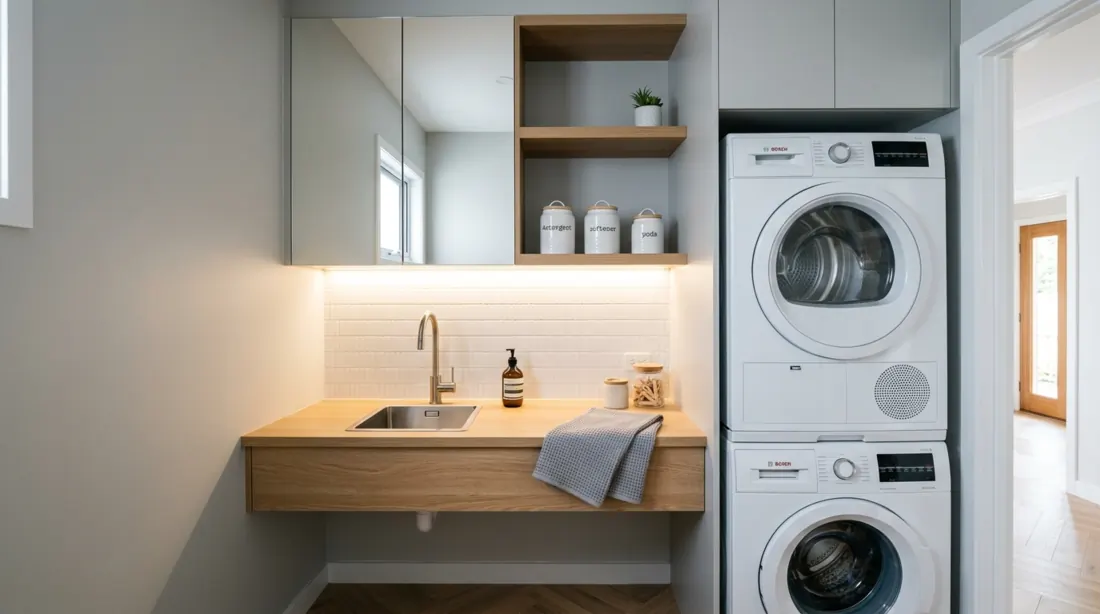 Tiny modern laundry nook with mirrored cabinets, stacked appliances, slim sink, and under-shelf lighting.