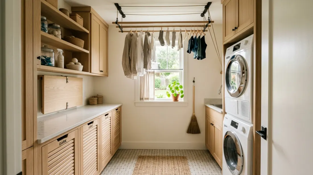 Small laundry room with ceiling-mounted drying rack, foldable wall table, built-in hampers, and light wood cabinets.