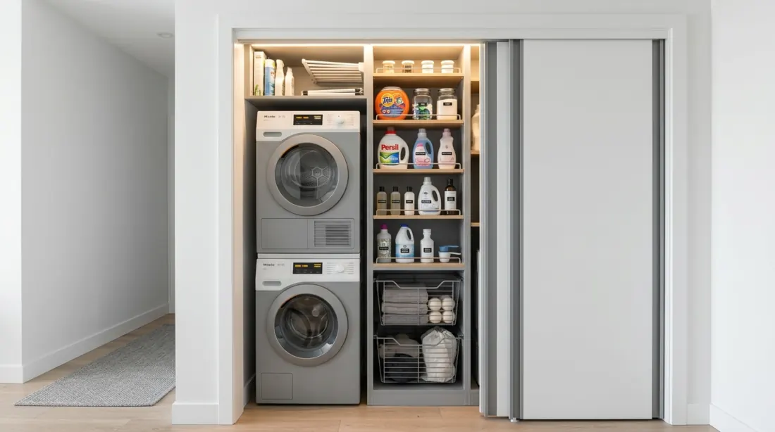 Ultra efficient laundry closet with sliding panel doors, stacked washer dryer, narrow detergent racks, and bright LED lighting.