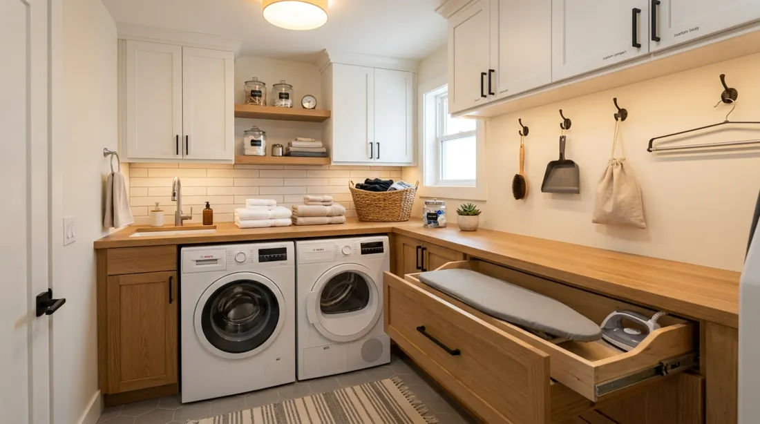 Compact laundry space with sorting counter, hidden ironing board drawer, wall hooks, cabinetry, and warm task lighting.