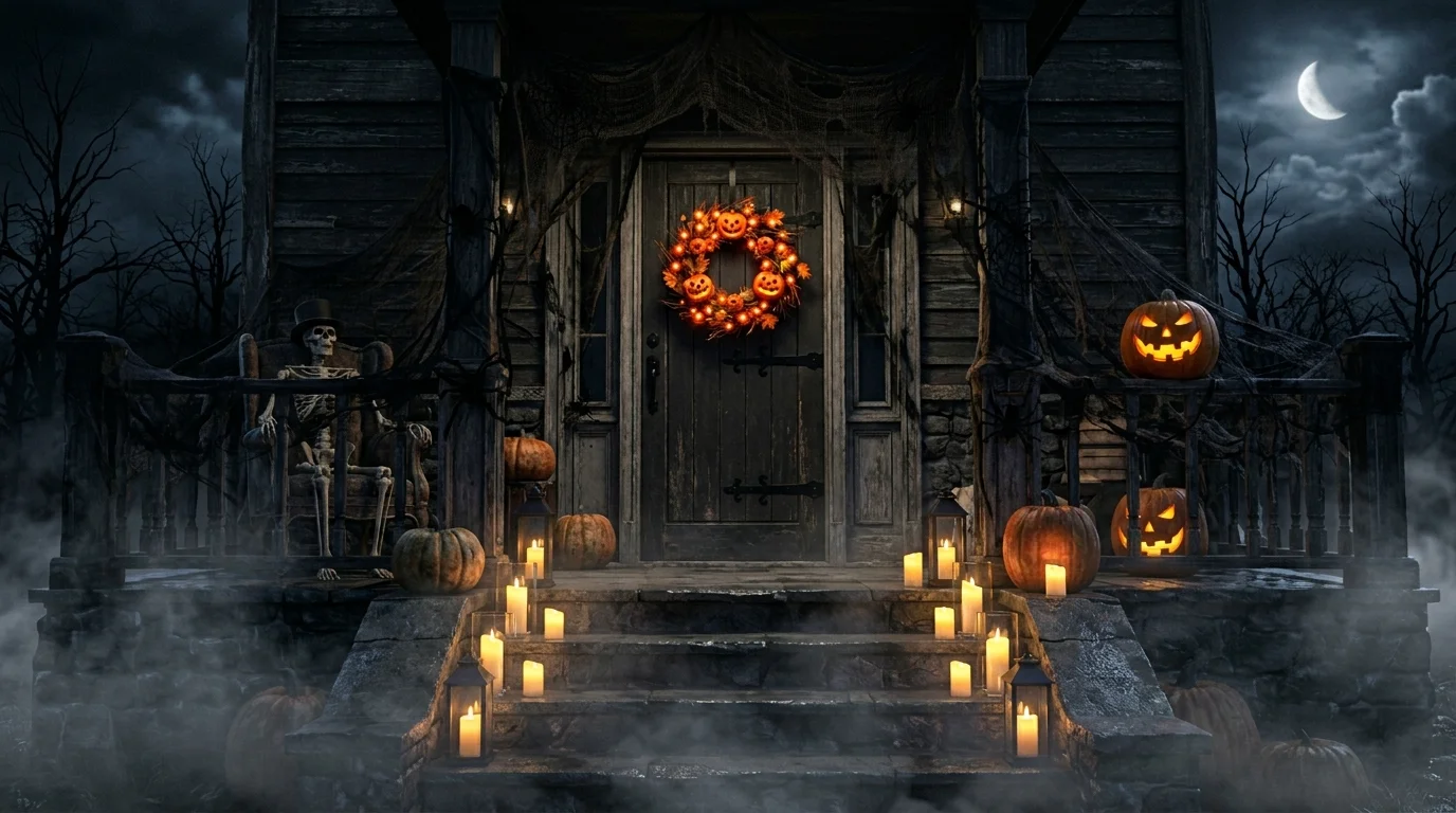 Halloween front door with cobwebs, glowing pumpkin wreath, candles, and spooky fog.