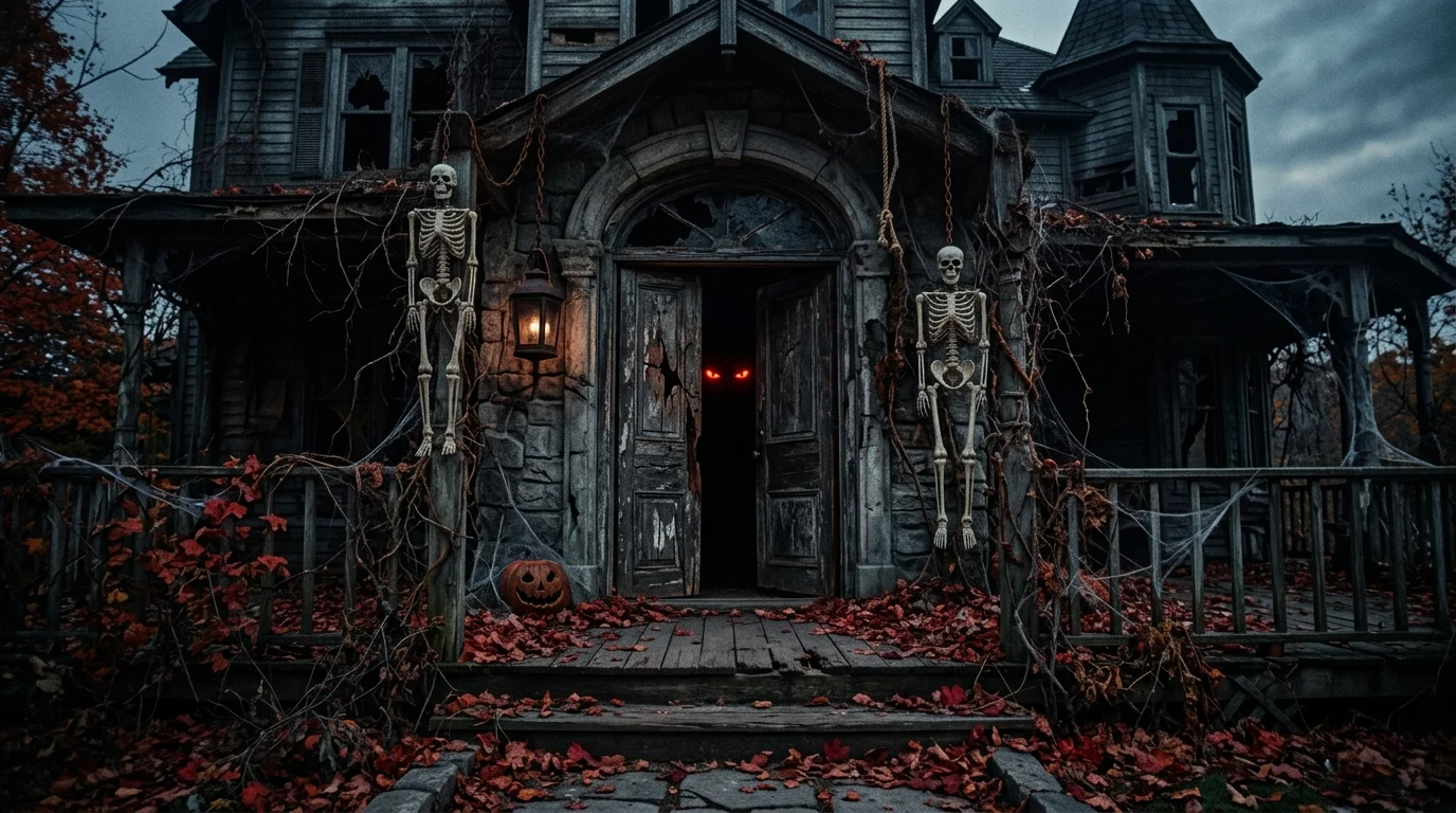 Haunted entrance with cracked wood door, skeleton decor, red leaves, and cinematic horror lighting.