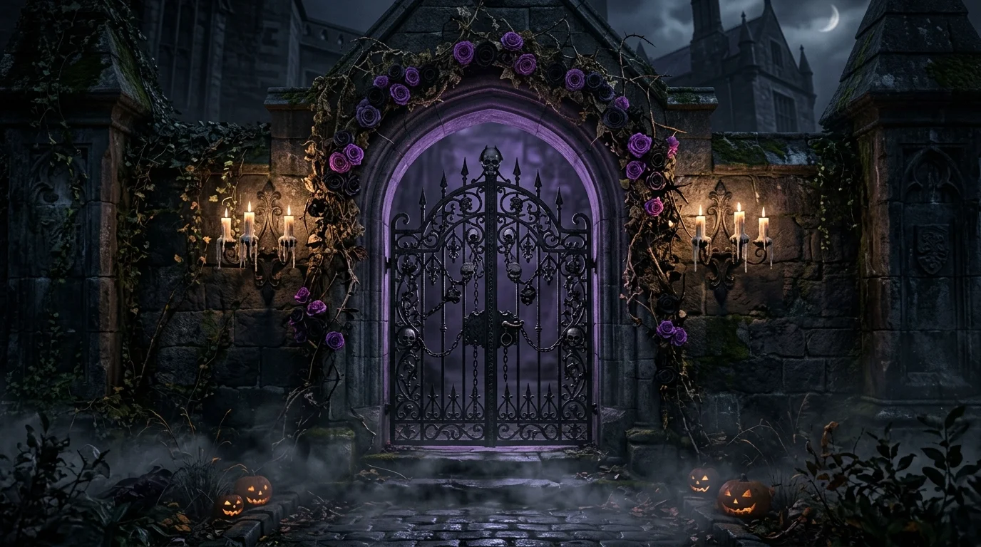 Gothic Halloween doorway with black iron-style decor, purple roses, candle sconces, and mist.