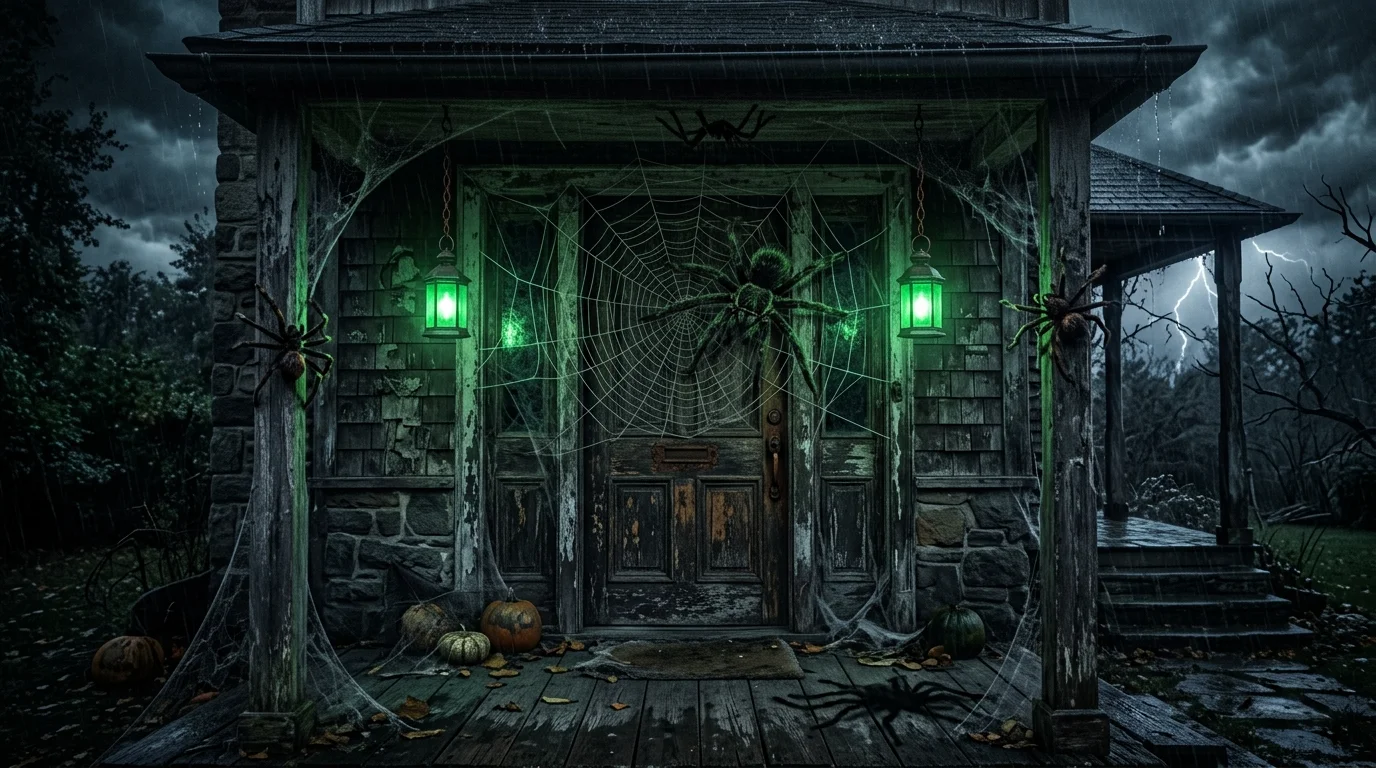 Creepy front porch with giant spider web, oversized spiders, green lanterns, and stormy night mood.