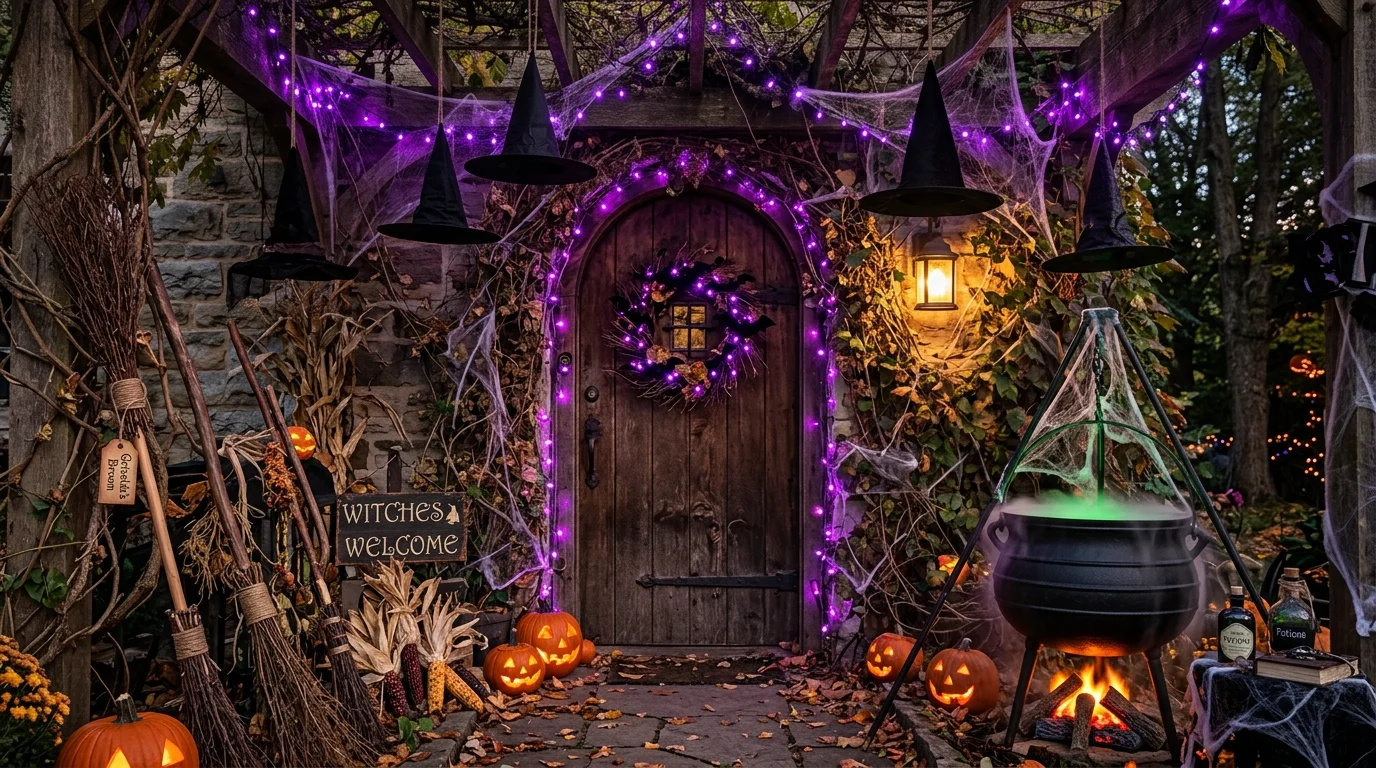 Halloween door with broomsticks, cauldron props, witch hats, purple string lights, and vine-covered wood.