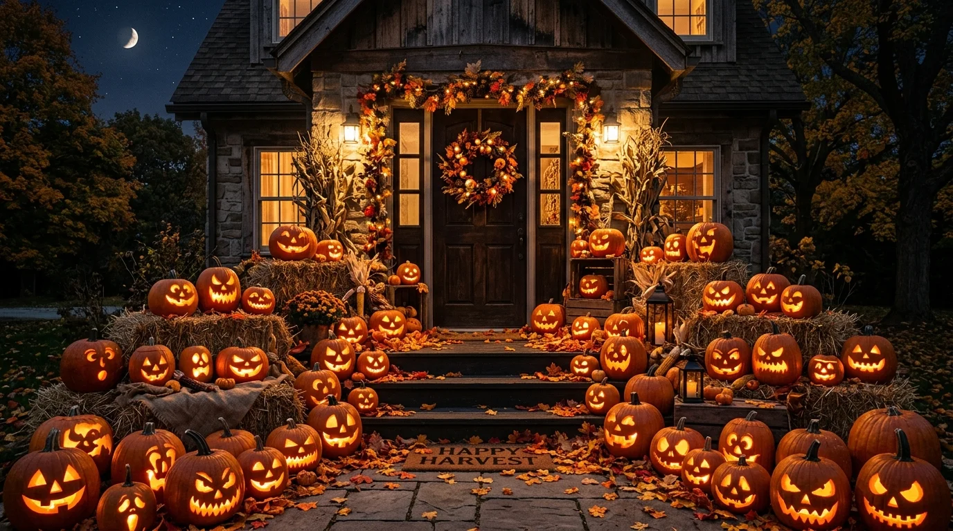 Front door with stacked carved pumpkins, hay bales, leaves, and cozy spooky harvest lighting.