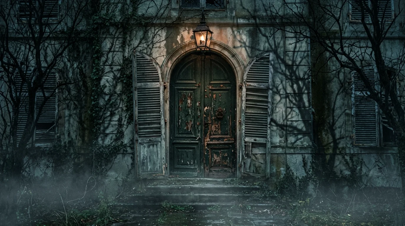 Haunted mansion style door with broken shutters, peeling paint, lantern, mist, and shadow effects.