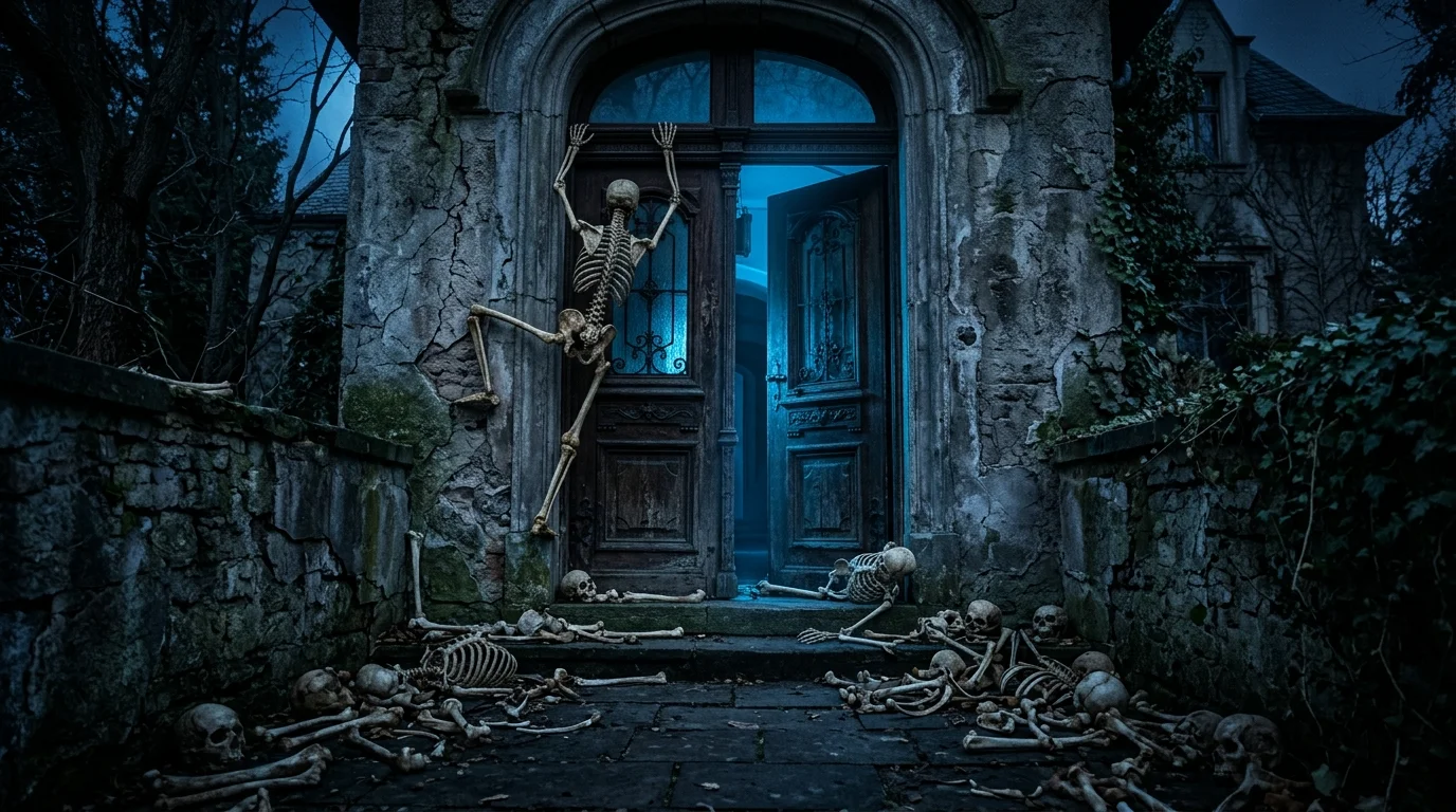 Front door with skeleton climbing frame, bone props, cracked textures, and eerie blue light.