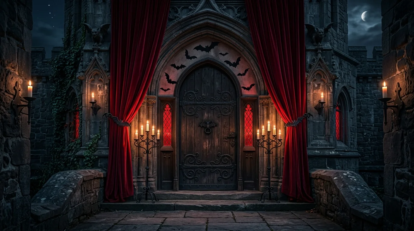 Vampire-inspired doorway with red drapes, bat decals, iron candles, and blood-red glow.