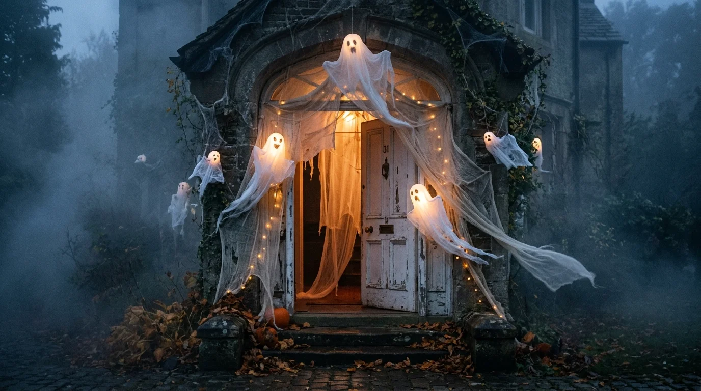 White Halloween doorway with floating ghosts, translucent fabric, soft glowing lights, and foggy atmosphere.