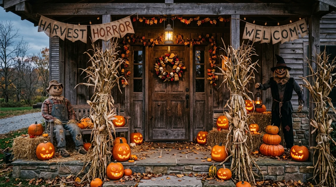 Scarecrow-themed porch with straw decor, burlap banners, corn stalks, and glowing pumpkins.