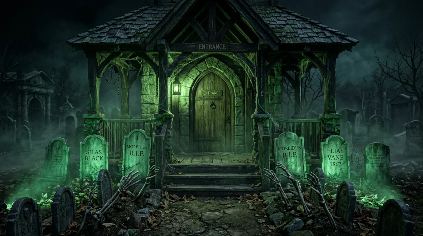 Front door with faux tombstones, skeletal hands, dark fog, and eerie green lighting.