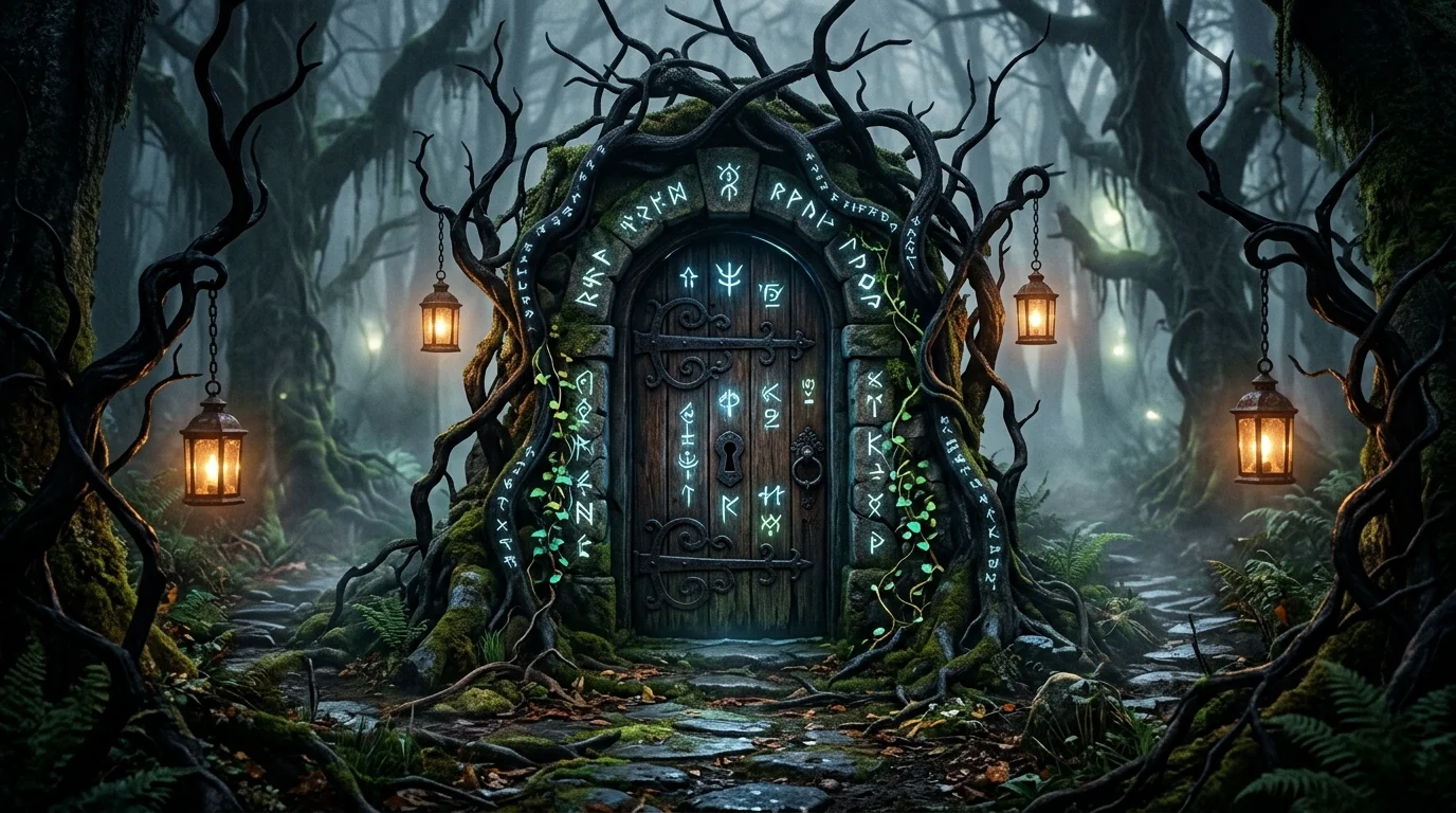 Haunted forest doorway with twisted branches, glowing runes, hanging lanterns, and mystical fog.