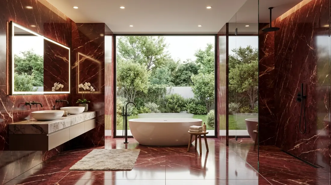Modern red marble bathroom with deep stone walls, white freestanding tub, and warm ambient light.