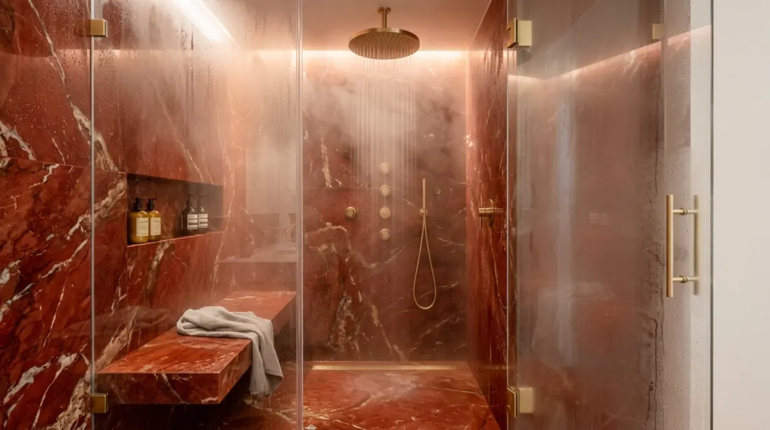 Walk-in shower with red marble slabs, glass enclosure, and brushed gold rainfall showerhead.